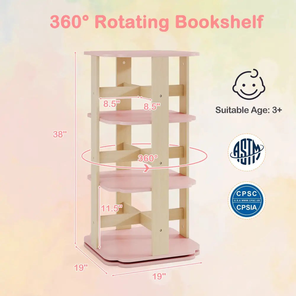 3-Tier Freestanding Corner Toddler Book Rack with 12 Sectors-Pink - Pink - Kids Storage