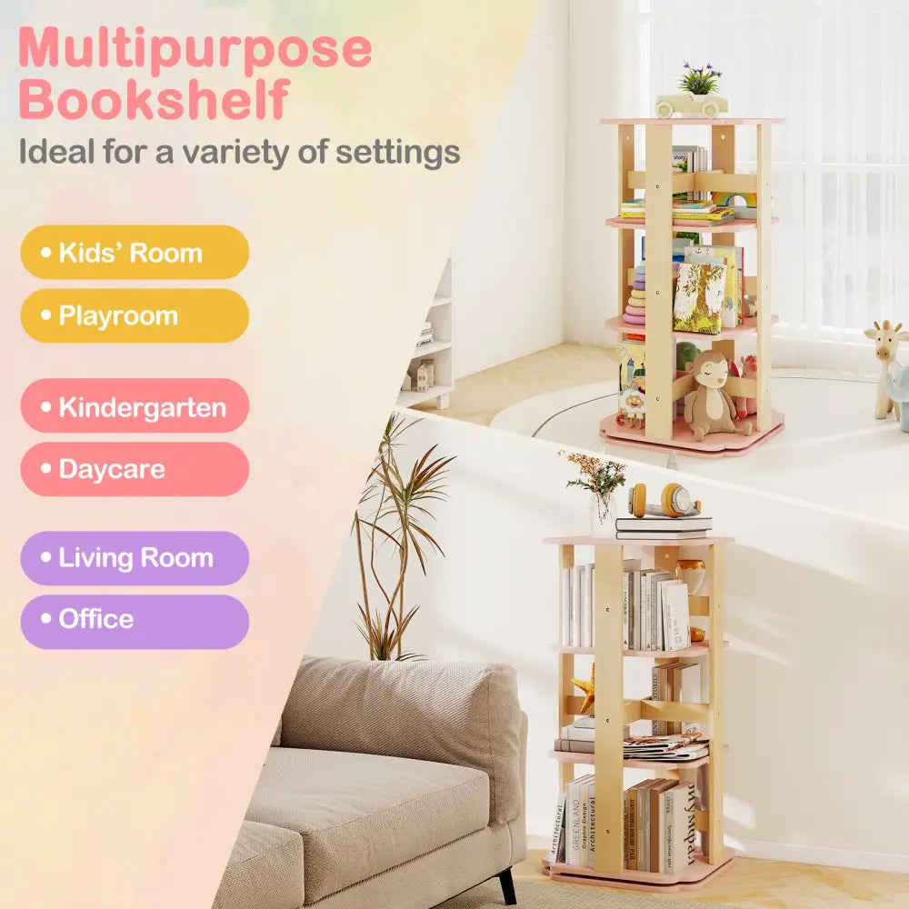 3-Tier Freestanding Corner Toddler Book Rack with 12 Sectors-Pink - Pink - Kids Storage