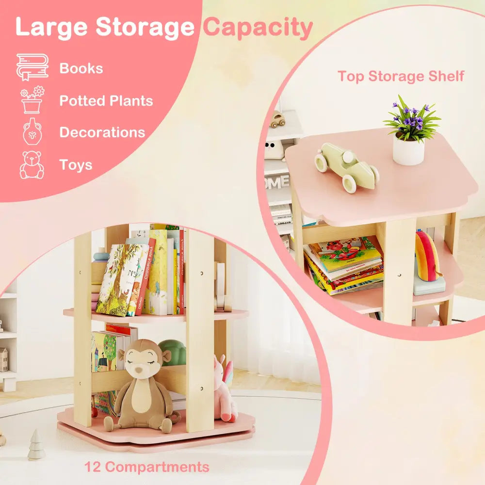 3-Tier Freestanding Corner Toddler Book Rack with 12 Sectors-Pink - Pink - Kids Storage