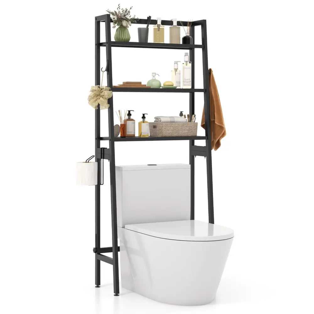 3-Tier Freestanding Over The Toilet Storage Shelf with Adjustable Bottom Bar-Black - Black - Over the Toilet Storage