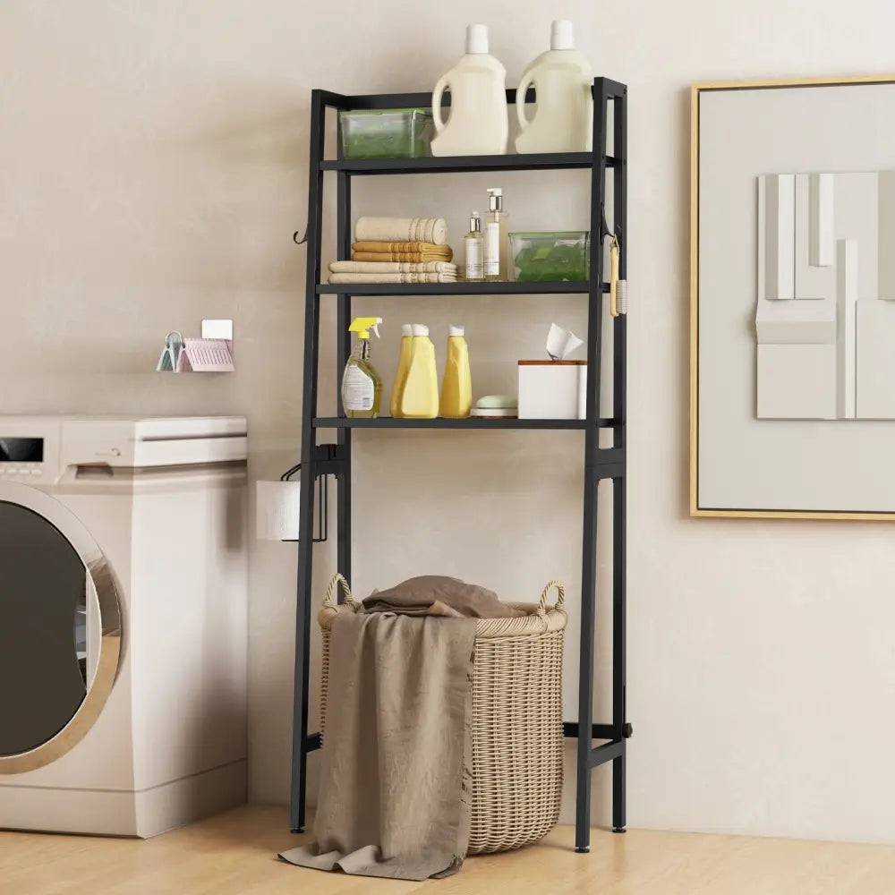 3-Tier Freestanding Over The Toilet Storage Shelf with Adjustable Bottom Bar-Black - Black - Over the Toilet Storage