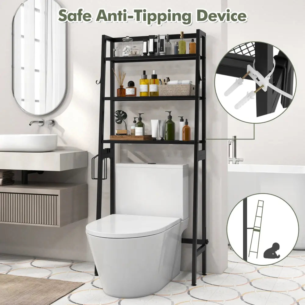 3-Tier Freestanding Over The Toilet Storage Shelf with Adjustable Bottom Bar-Black - Black - Over the Toilet Storage
