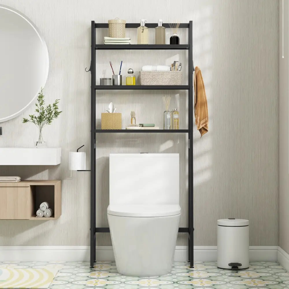 3-Tier Freestanding Over The Toilet Storage Shelf with Adjustable Bottom Bar-Black - Black - Over the Toilet Storage