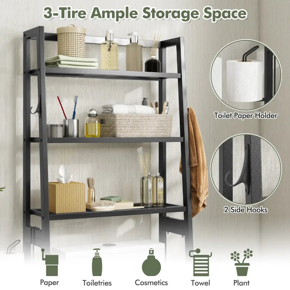 3-Tier Freestanding Over The Toilet Storage Shelf with Adjustable Bottom Bar-Black - Black - Over the Toilet Storage