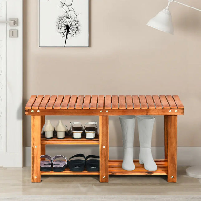 3-Tier Freestanding Wooden Shoe Organizer with Seat - Natural - Shoe Racks & Storage Benches
