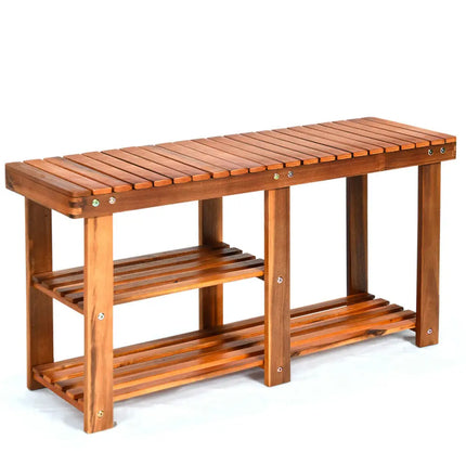 3-Tier Freestanding Wooden Shoe Organizer with Seat - Natural - Shoe Racks & Storage Benches