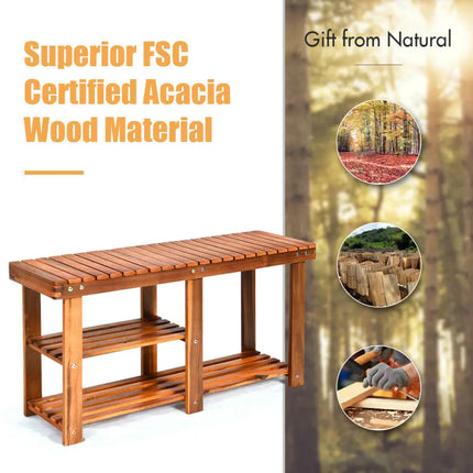 3-Tier Freestanding Wooden Shoe Organizer with Seat - Natural - Shoe Racks & Storage Benches