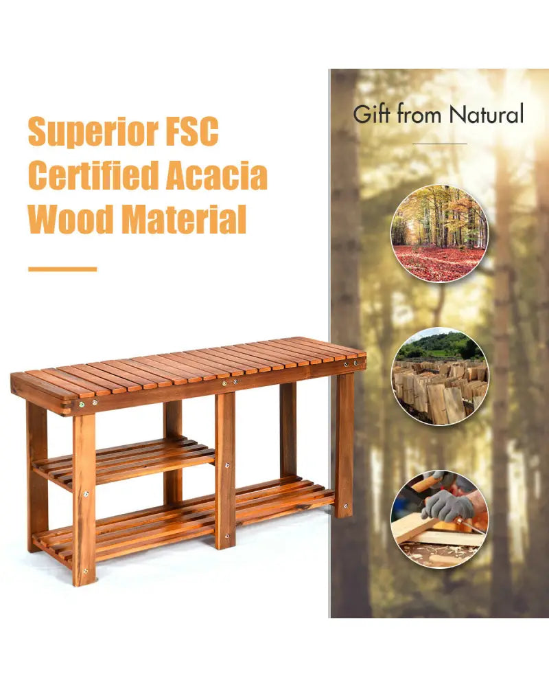 3-Tier Freestanding Wooden Shoe Organizer with Seat - Natural - Shoe Racks & Storage Benches