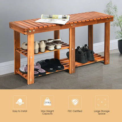 3-Tier Freestanding Wooden Shoe Organizer with Seat - Natural - Shoe Racks & Storage Benches