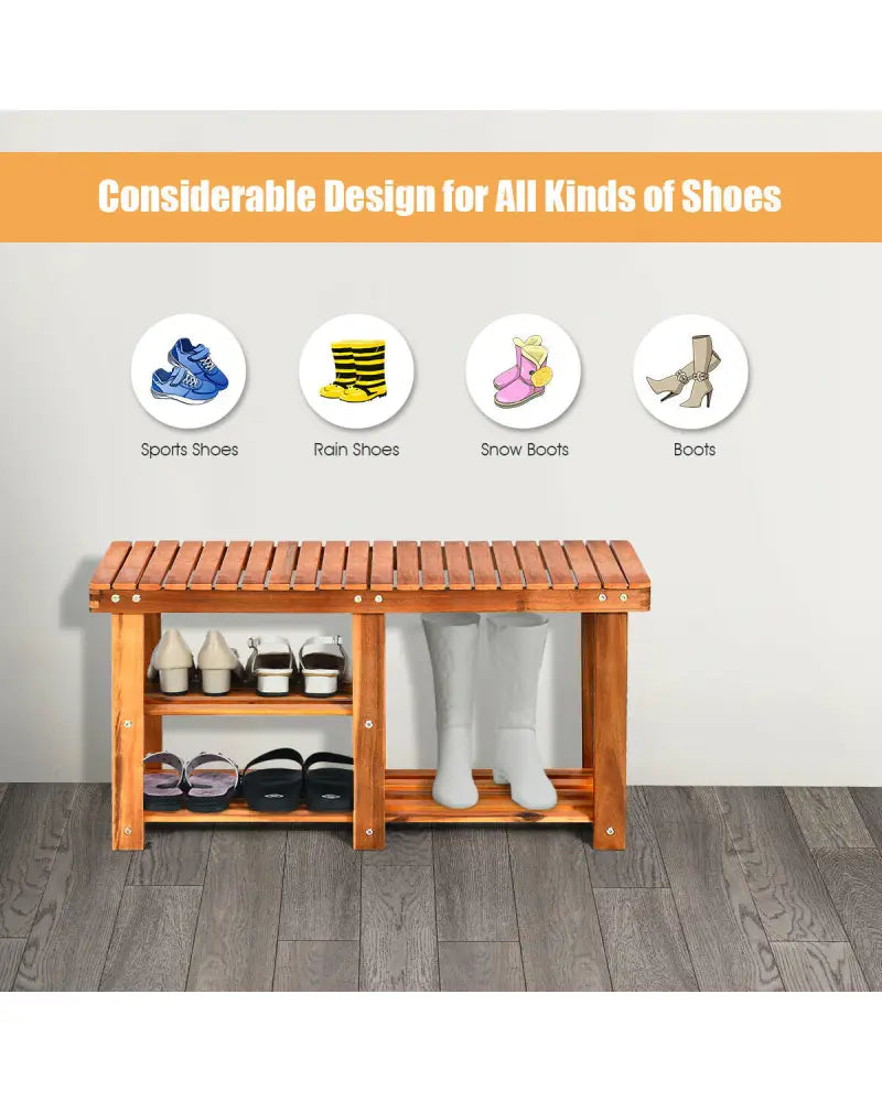 3-Tier Freestanding Wooden Shoe Organizer with Seat - Natural - Shoe Racks & Storage Benches