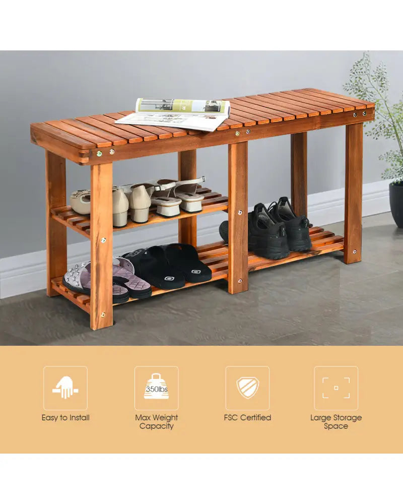 3-Tier Freestanding Wooden Shoe Organizer with Seat - Natural - Shoe Racks & Storage Benches