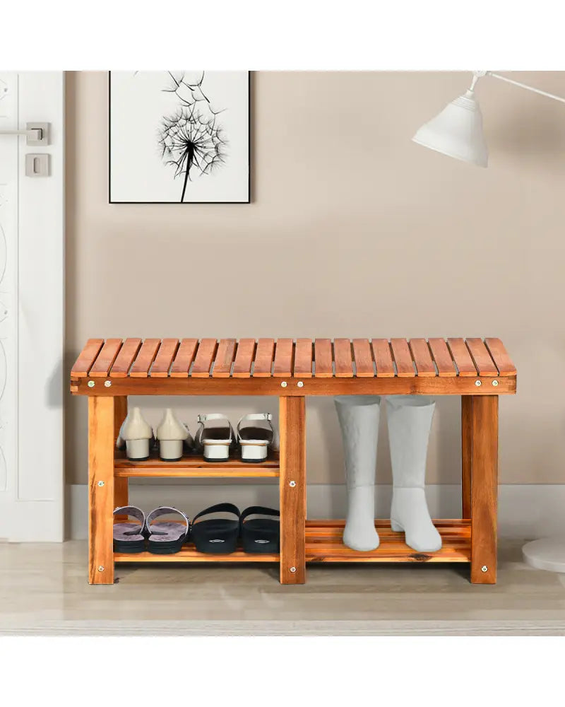 3-Tier Freestanding Wooden Shoe Organizer with Seat - Natural - Shoe Racks & Storage Benches