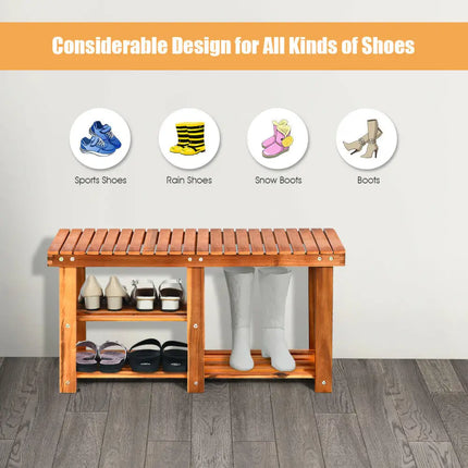 3-Tier Freestanding Wooden Shoe Organizer with Seat - Natural - Shoe Racks & Storage Benches