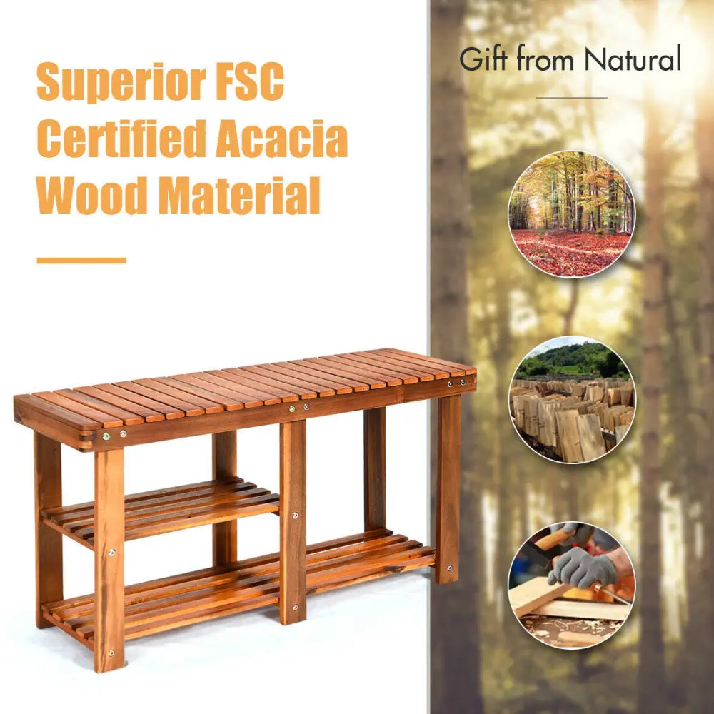 3-Tier Freestanding Wooden Shoe Organizer with Seat - Natural - Shoe Racks & Storage Benches
