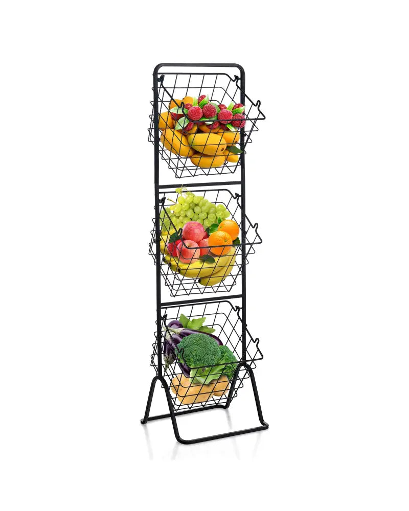 3-Tier Fruit Basket Stand with Adjustable Heights - Black - Kitchen Organization