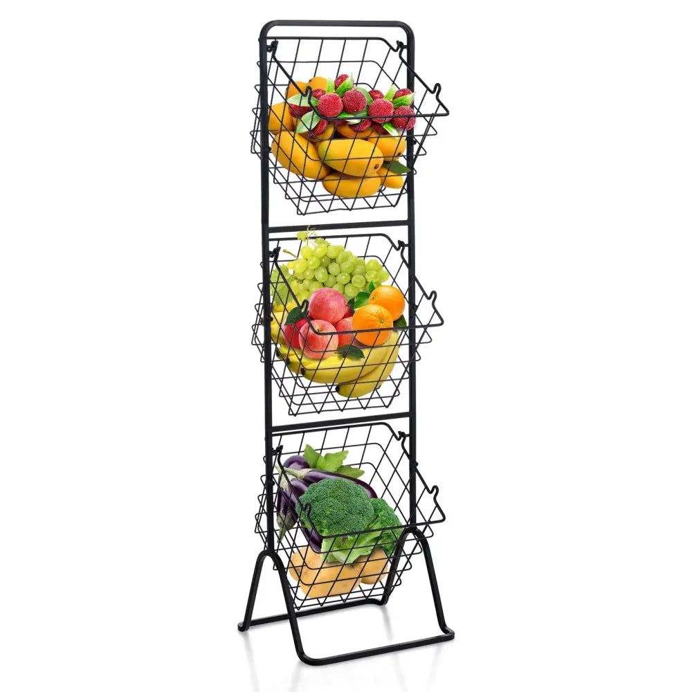 3-Tier Fruit Basket Stand with Adjustable Heights - Black - Kitchen Organization