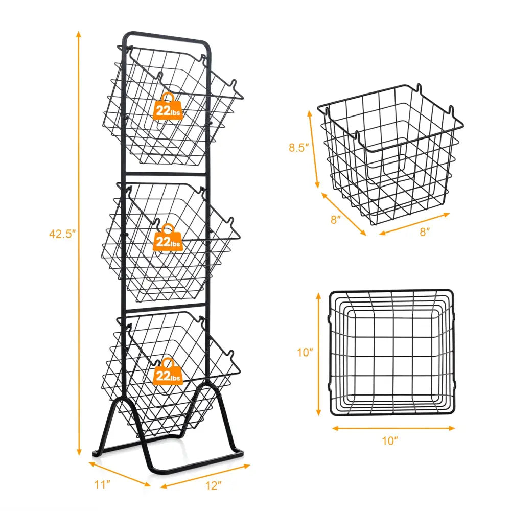 3-Tier Fruit Basket Stand with Adjustable Heights - Black - Kitchen Organization