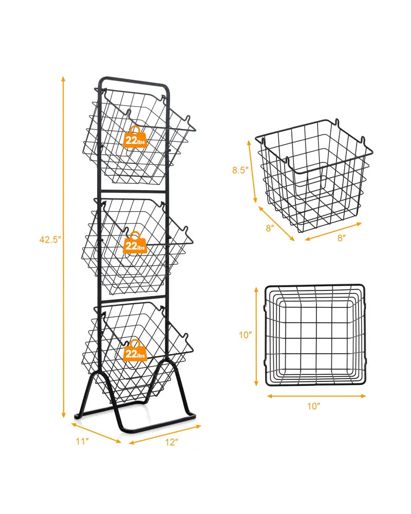 3-Tier Fruit Basket Stand with Adjustable Heights - Black - Kitchen Organization