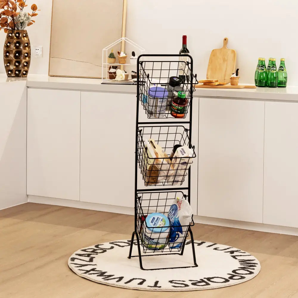 3-Tier Fruit Basket Stand with Adjustable Heights - Black - Kitchen Organization