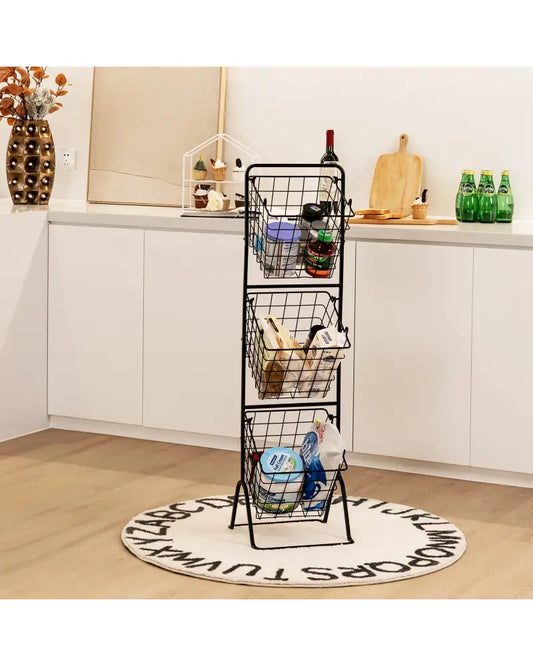 3-Tier Fruit Basket Stand with Adjustable Heights - Black - Kitchen Organization