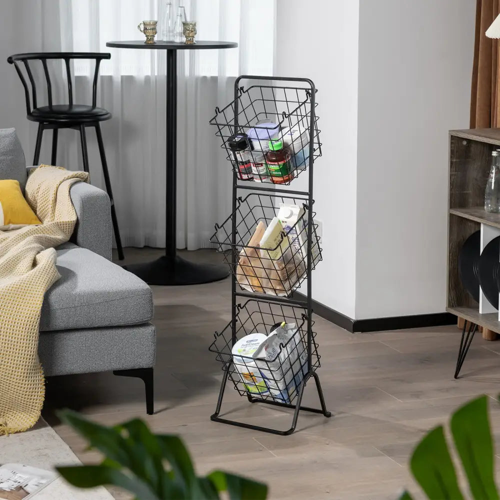 3-Tier Fruit Basket Stand with Adjustable Heights - Black - Kitchen Organization