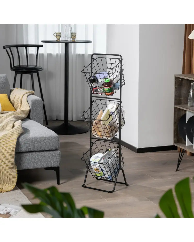 3-Tier Fruit Basket Stand with Adjustable Heights - Black - Kitchen Organization