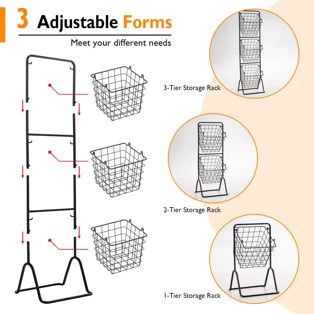 3-Tier Fruit Basket Stand with Adjustable Heights - Black - Kitchen Organization