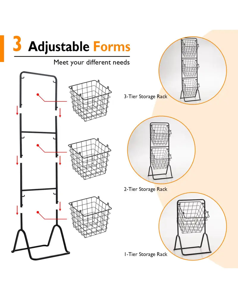 3-Tier Fruit Basket Stand with Adjustable Heights - Black - Kitchen Organization