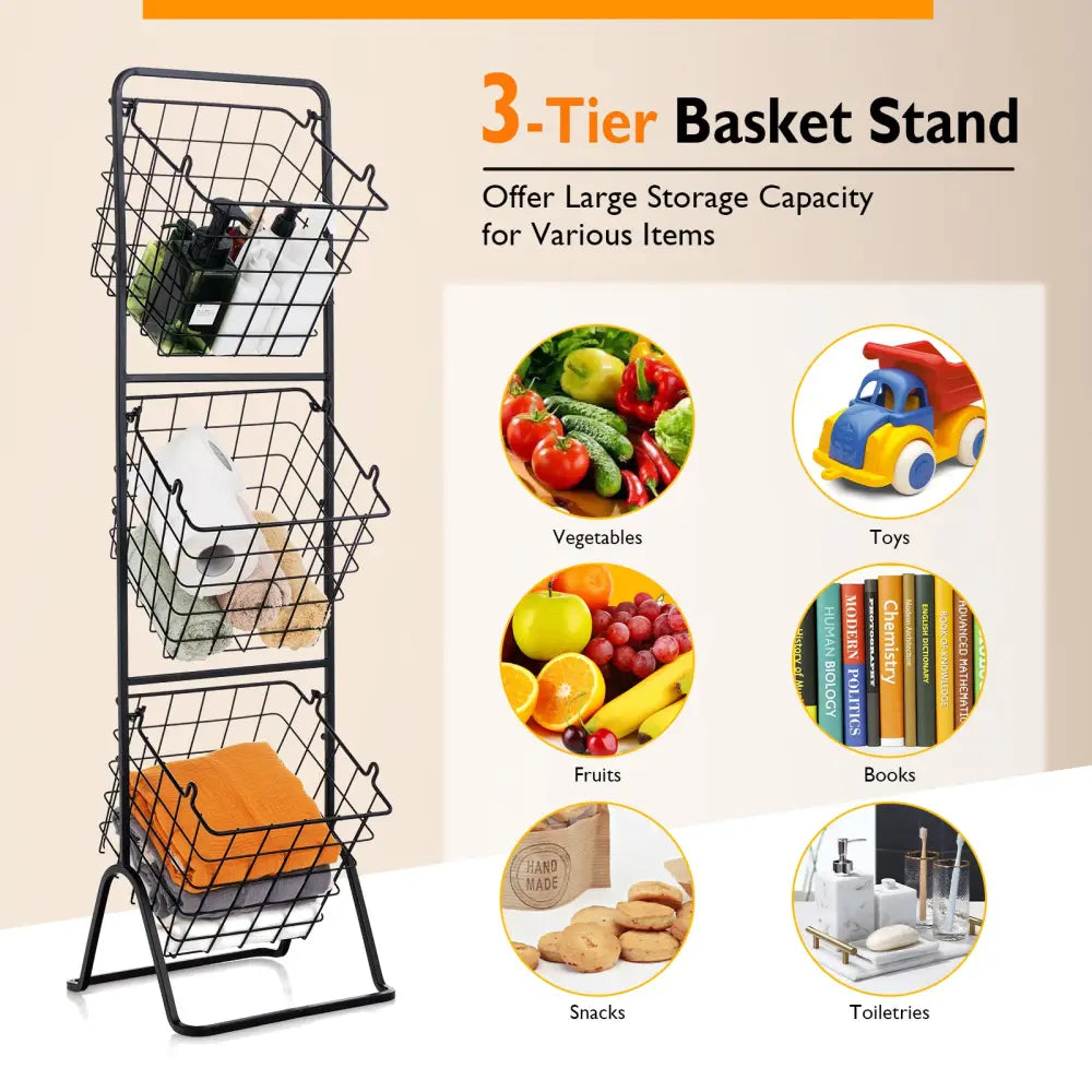 3-Tier Fruit Basket Stand with Adjustable Heights - Black - Kitchen Organization