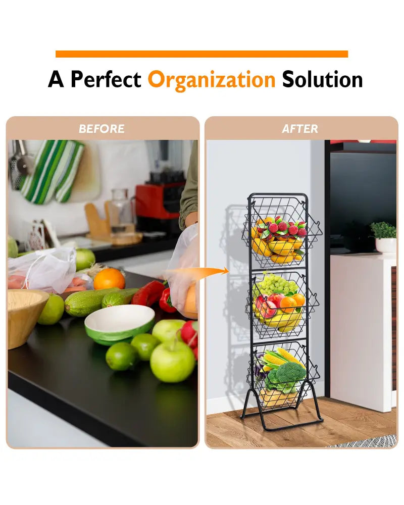 3-Tier Fruit Basket Stand with Adjustable Heights - Black - Kitchen Organization