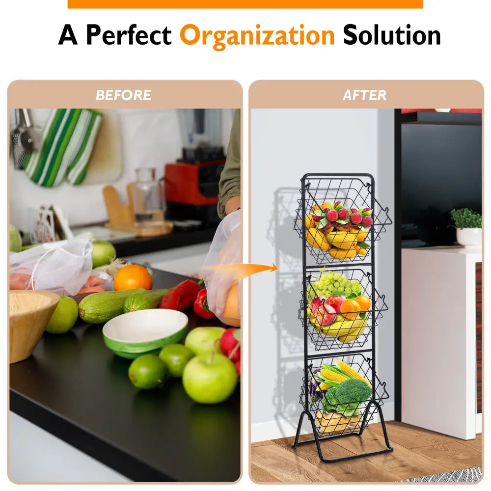3-Tier Fruit Basket Stand with Adjustable Heights - Black - Kitchen Organization