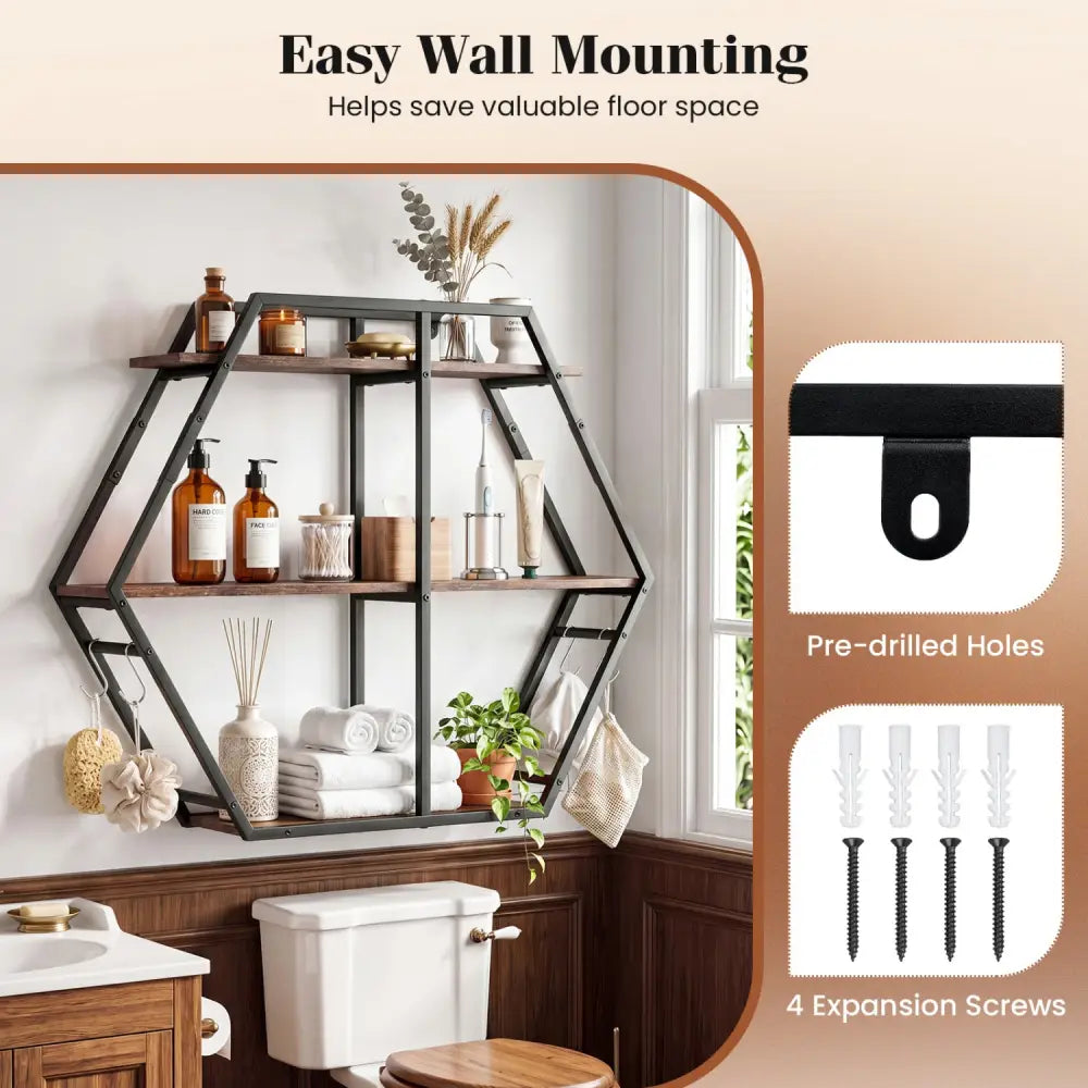 3-Tier Geometric Bookcase with S-Shaped Hooks for Living Room-Rustic Brown - Rustic Brown - Bookcases