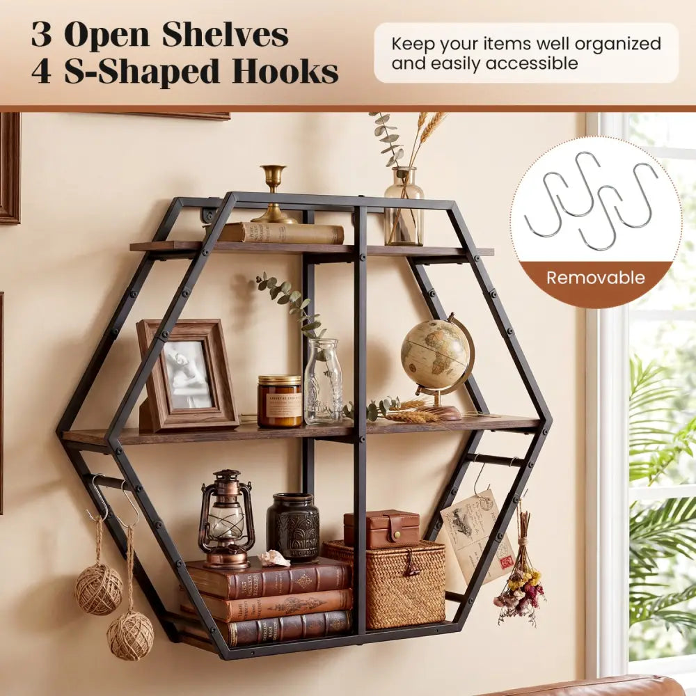 3-Tier Geometric Bookcase with S-Shaped Hooks for Living Room-Rustic Brown - Rustic Brown - Bookcases