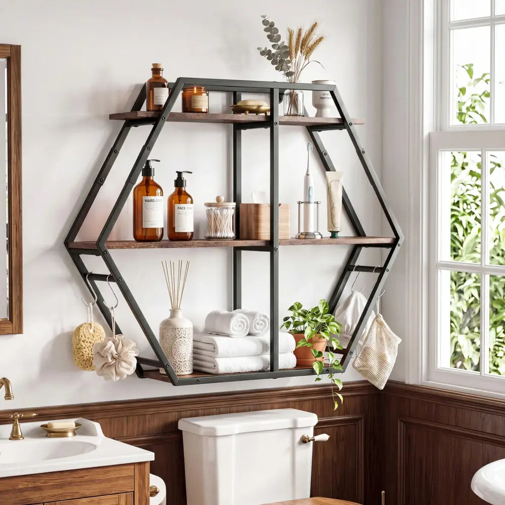 3-Tier Geometric Bookcase with S-Shaped Hooks for Living Room-Rustic Brown - Rustic Brown - Bookcases