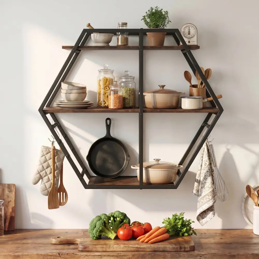 3-Tier Geometric Bookcase with S-Shaped Hooks for Living Room-Rustic Brown - Rustic Brown - Bookcases