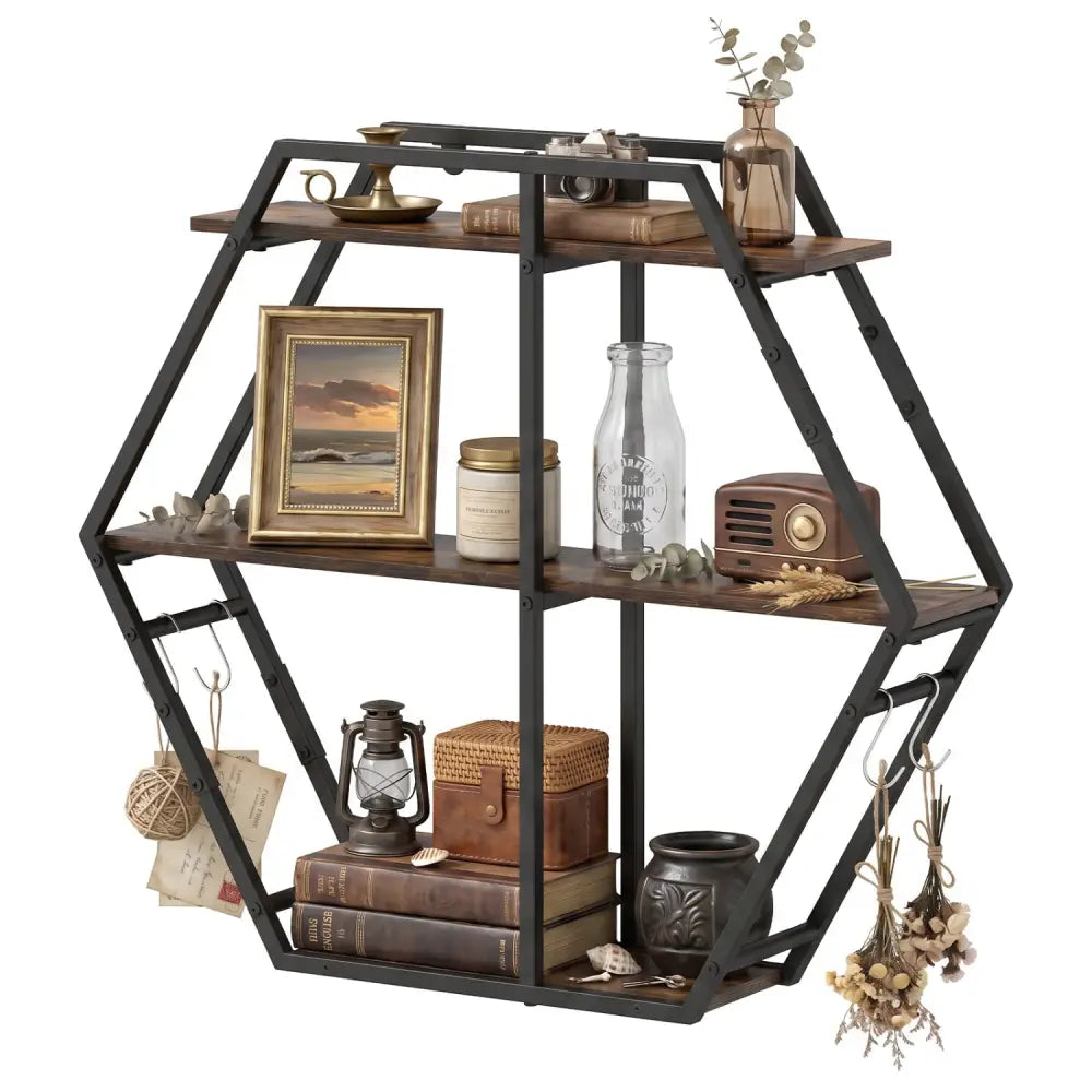 3-Tier Geometric Bookcase with S-Shaped Hooks for Living Room-Rustic Brown - Rustic Brown - Bookcases