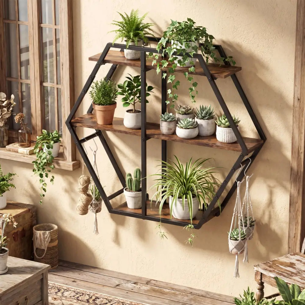 3-Tier Geometric Bookcase with S-Shaped Hooks for Living Room-Rustic Brown - Rustic Brown - Bookcases