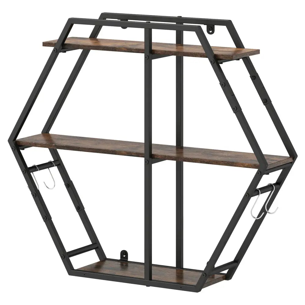 3-Tier Geometric Bookcase with S-Shaped Hooks for Living Room-Rustic Brown - Rustic Brown - Bookcases