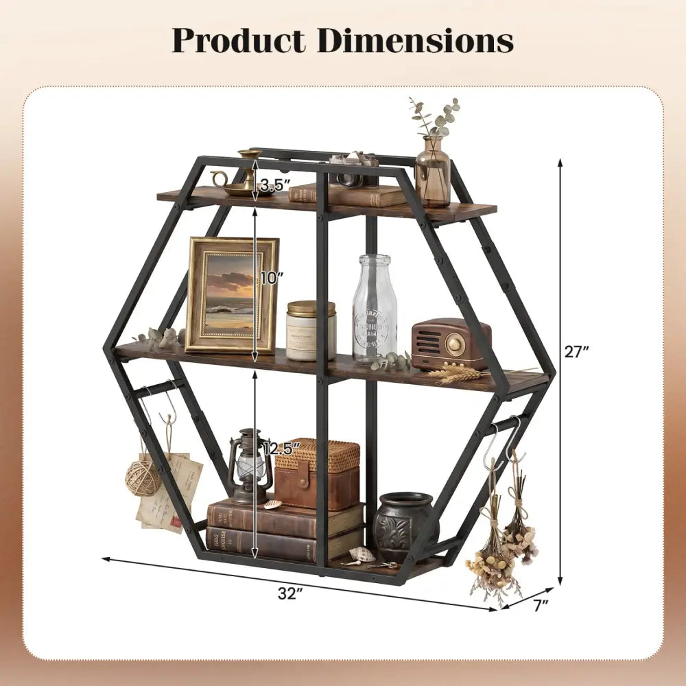 3-Tier Geometric Bookcase with S-Shaped Hooks for Living Room-Rustic Brown - Rustic Brown - Bookcases