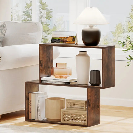 3-Tier Geometric Bookshelf Freestanding Wooden Bookcase with 2 Cubic Compartments-Brown Costway