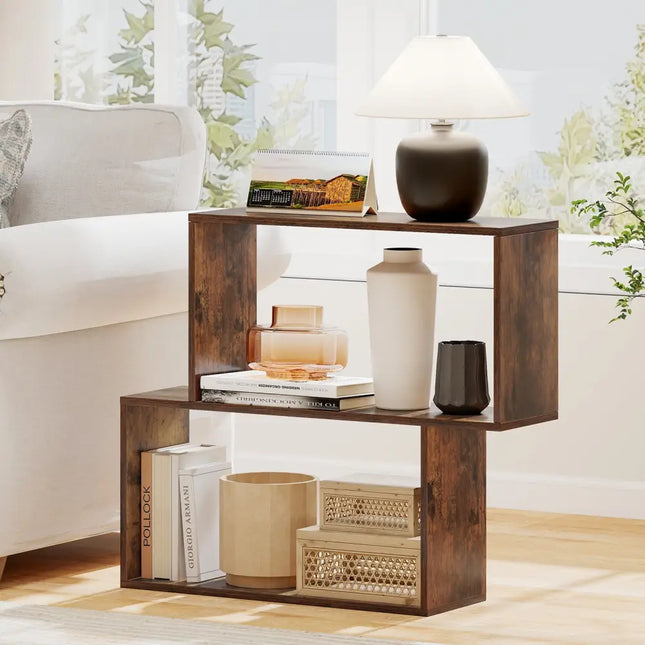 3-Tier Geometric Bookshelf Freestanding Wooden Bookcase with 2 Cubic Compartments-Brown Costway
