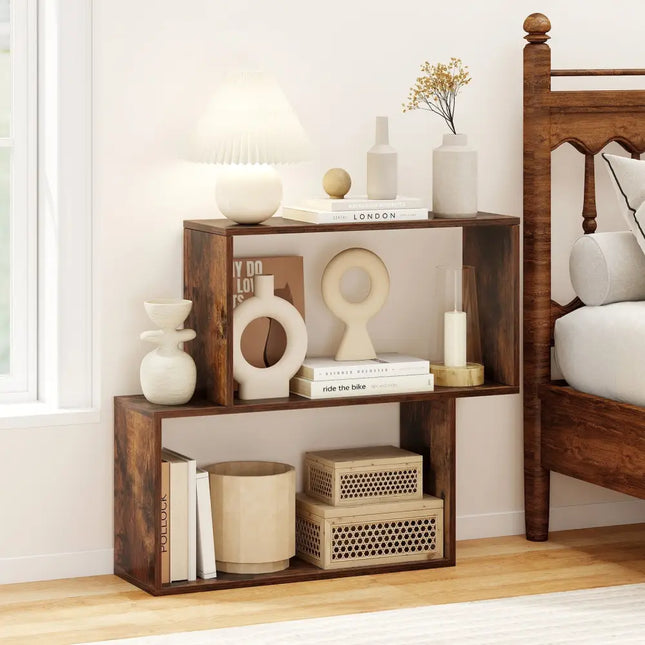 3-Tier Geometric Bookshelf Freestanding Wooden Bookcase with 2 Cubic Compartments-Brown Costway