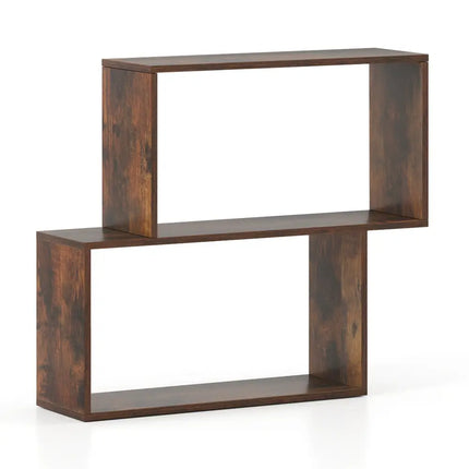 3-Tier Geometric Bookshelf Freestanding Wooden Bookcase with 2 Cubic Compartments-Brown Costway