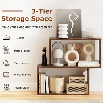 3-Tier Geometric Bookshelf Freestanding Wooden Bookcase with 2 Cubic Compartments-Brown Costway