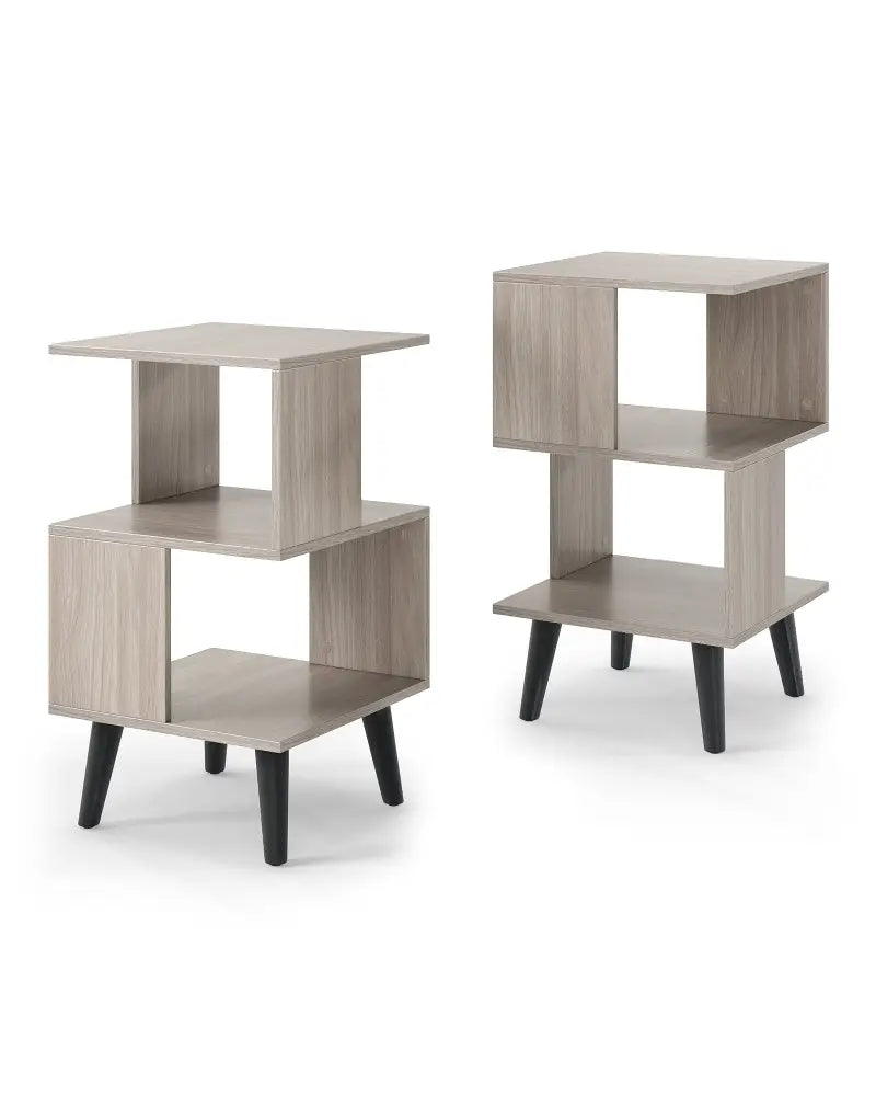 3-Tier Geometric Bookshelf Set of 2 with Open Storage Shelves - Gray - Nightstands