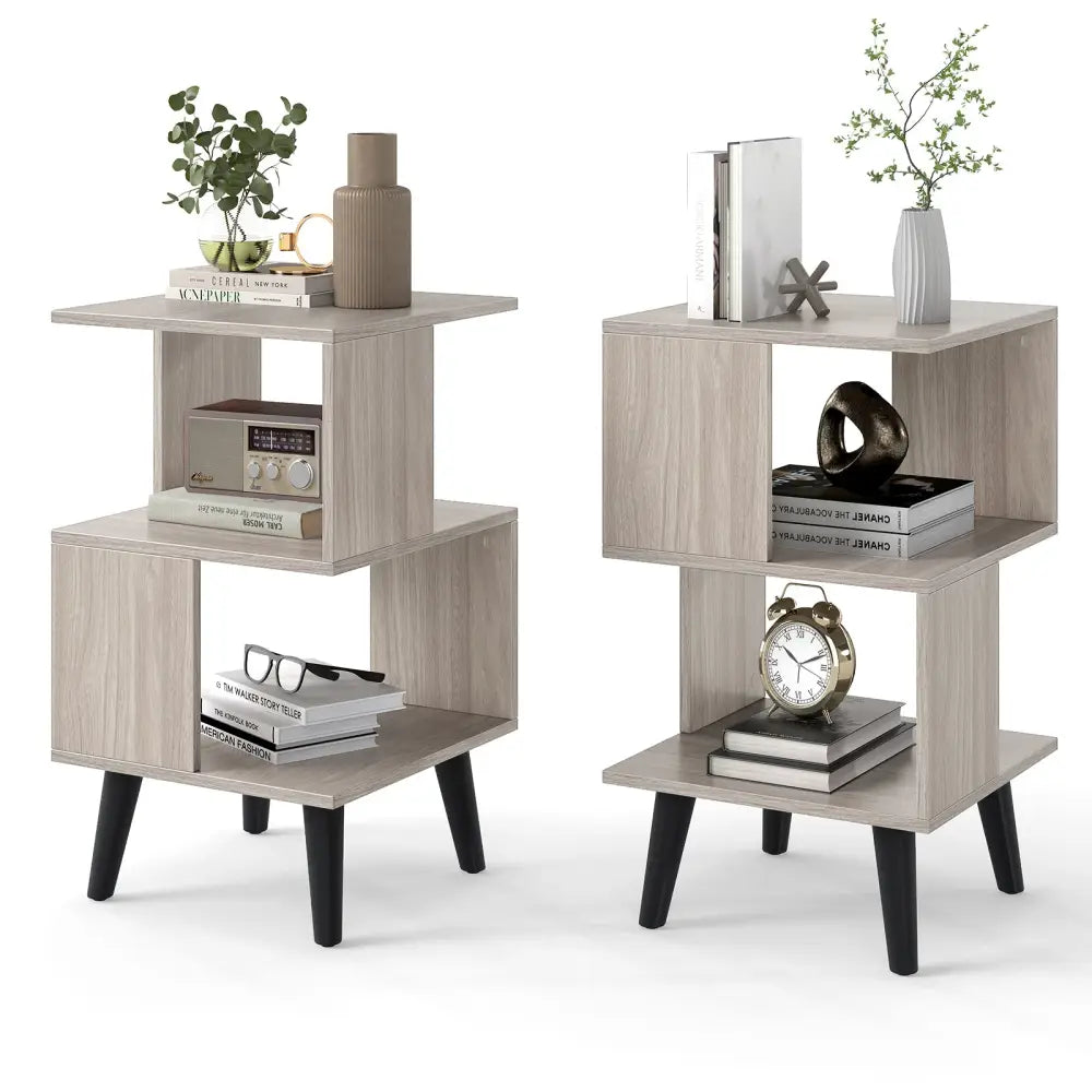 3-Tier Geometric Bookshelf Set of 2 with Open Storage Shelves - Gray - Nightstands
