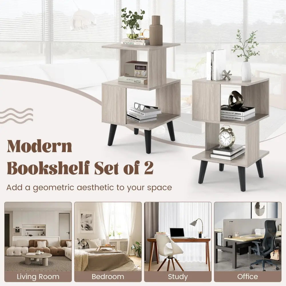 3-Tier Geometric Bookshelf Set of 2 with Open Storage Shelves Costway