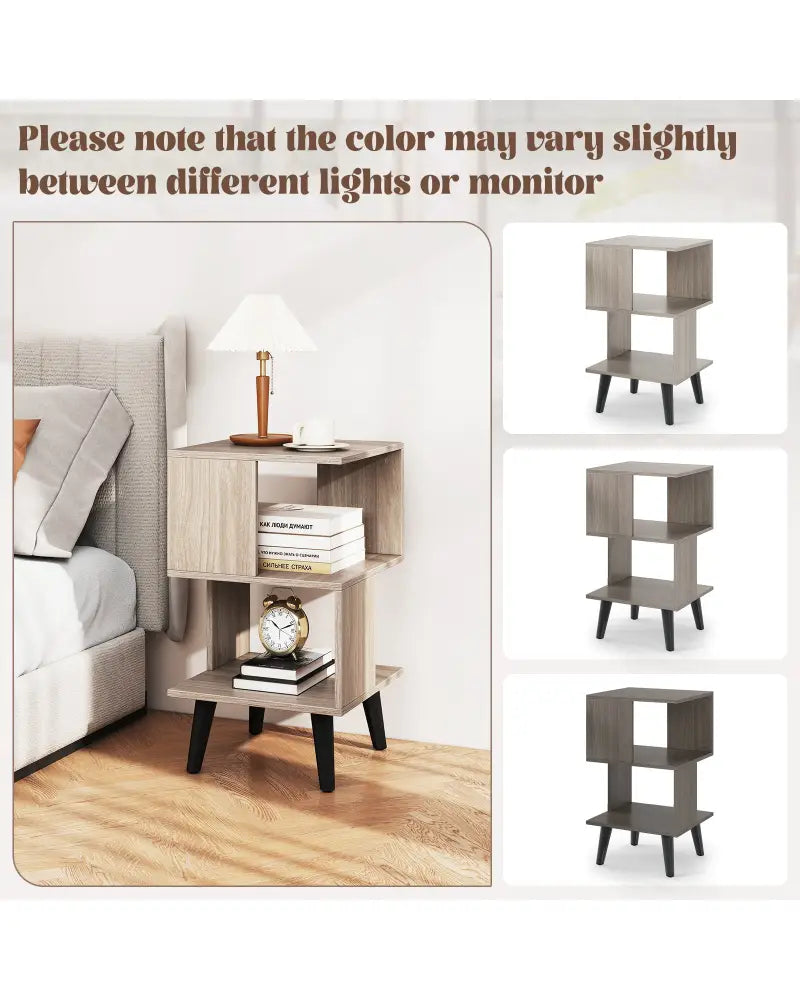 3-Tier Geometric Bookshelf Set of 2 with Open Storage Shelves - Gray - Nightstands