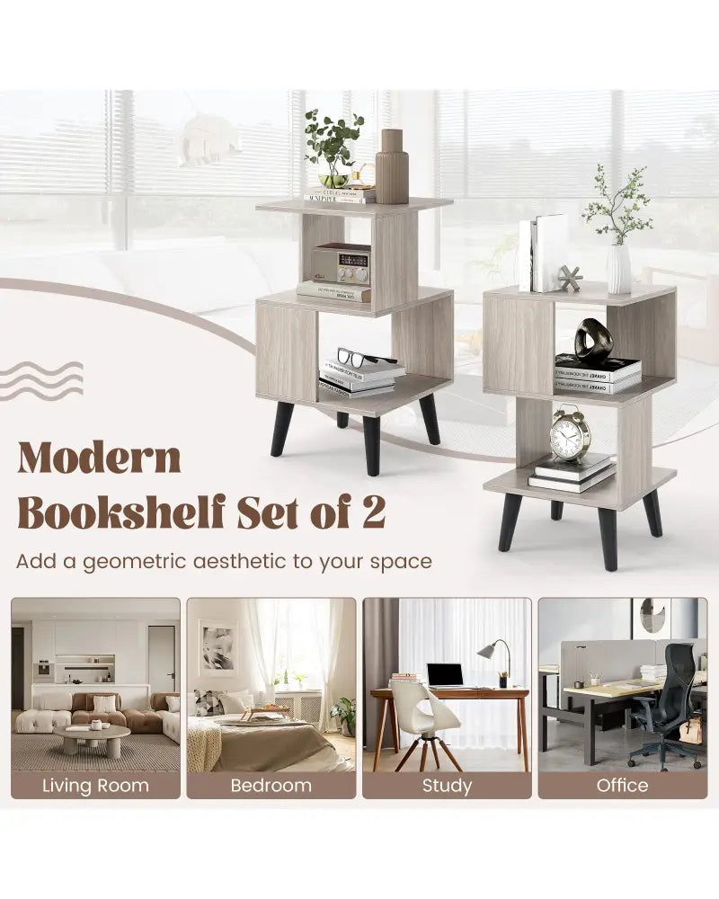 3-Tier Geometric Bookshelf Set of 2 with Open Storage Shelves - Gray - Nightstands