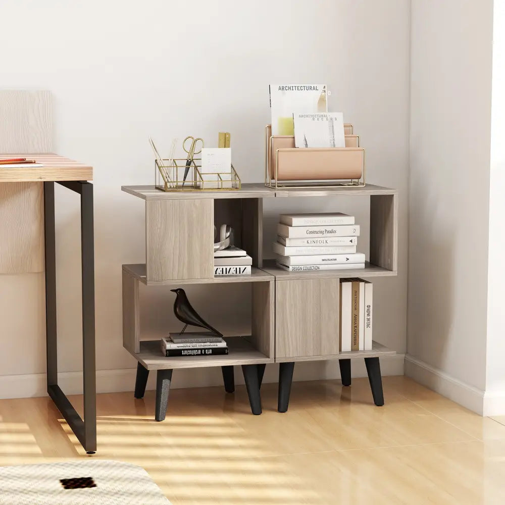 3-Tier Geometric Bookshelf Set of 2 with Open Storage Shelves Costway